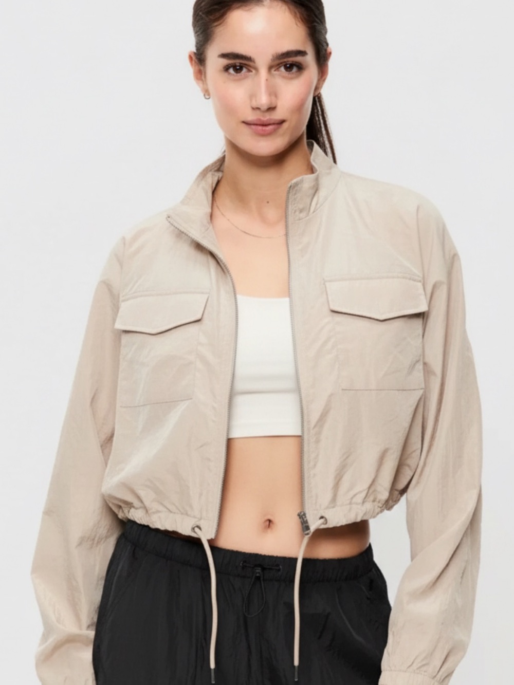 Windproof Off White Beige Roll Up Sleeve Zipper Utility Jacket Coat XXL